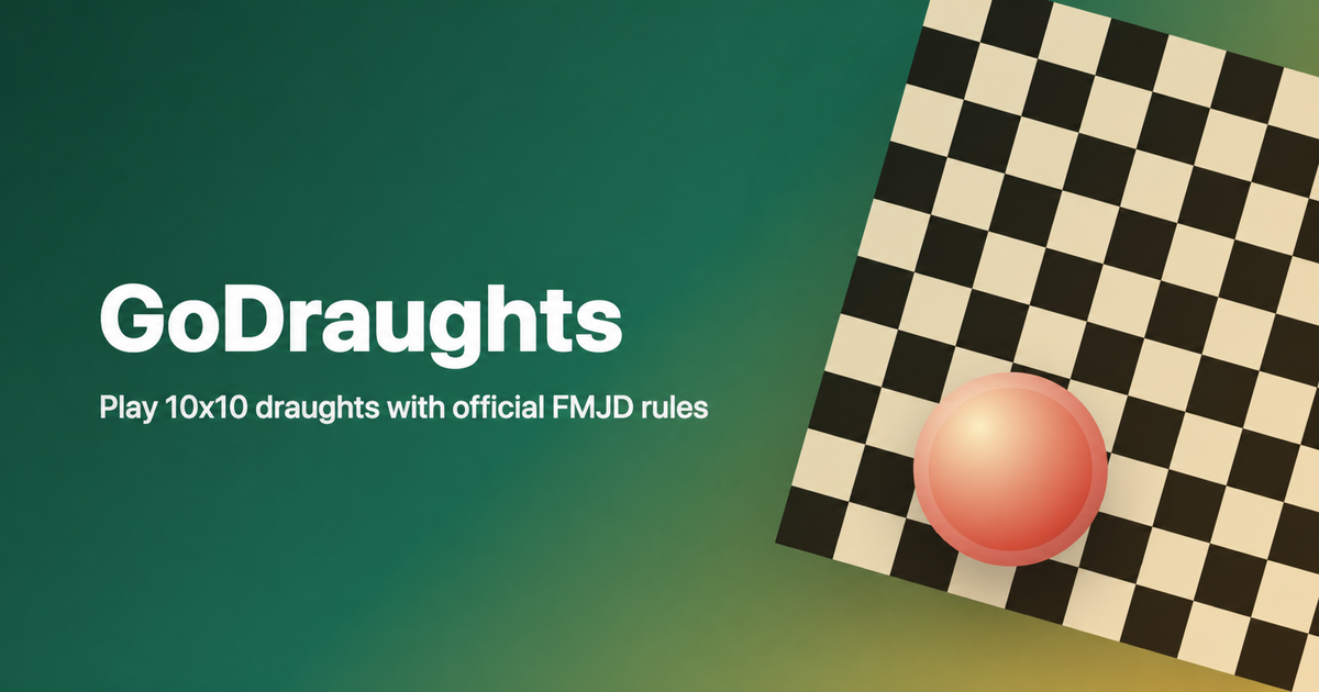 GoDraughts launch artwork with a stylized 10x10 board and title.