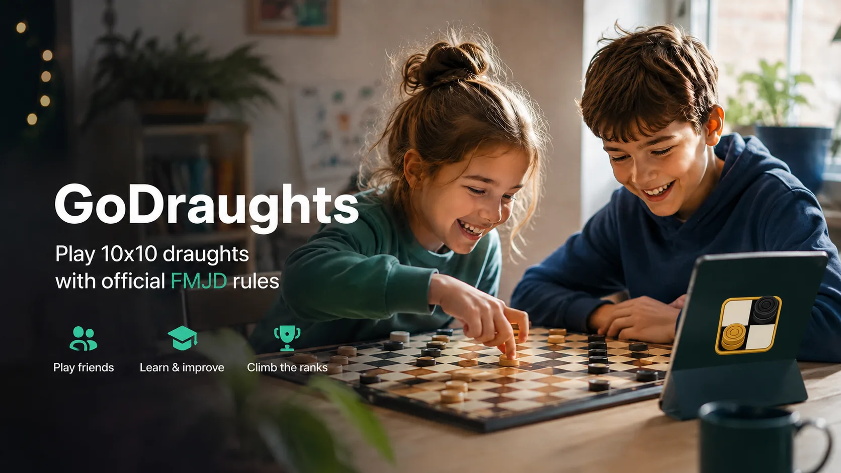 GoDraughts hero photo of two children playing 10x10 draughts, with the app title and a tablet showing the app icon.
